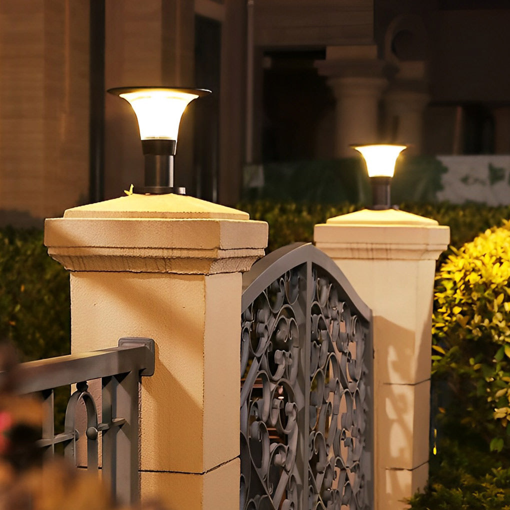 Round Dimmable LED Waterproof Black Modern Solar Fence Post Lights Pillar Lamp - Lamp Outdoor