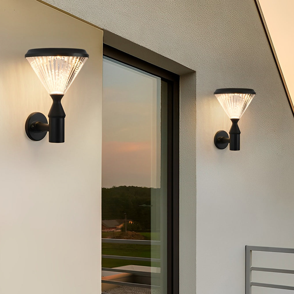 Round Solar LED Outdoor Lights in Black with Ribbed Lampshade - Lamp Outdoor