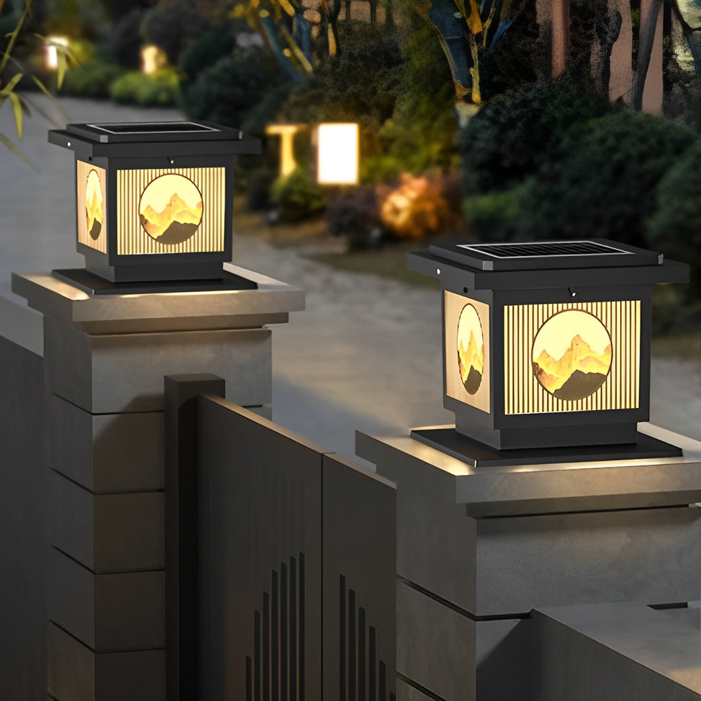 Square Retro Mountain Scenery LED Waterproof Solar Post Caps Lights - Lamp Outdoor