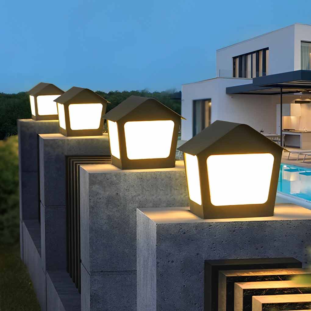 Cottage Shaped LED Waterproof Black Modern Solar Fence Post Lights Pillar Light - Lamp Outdoor