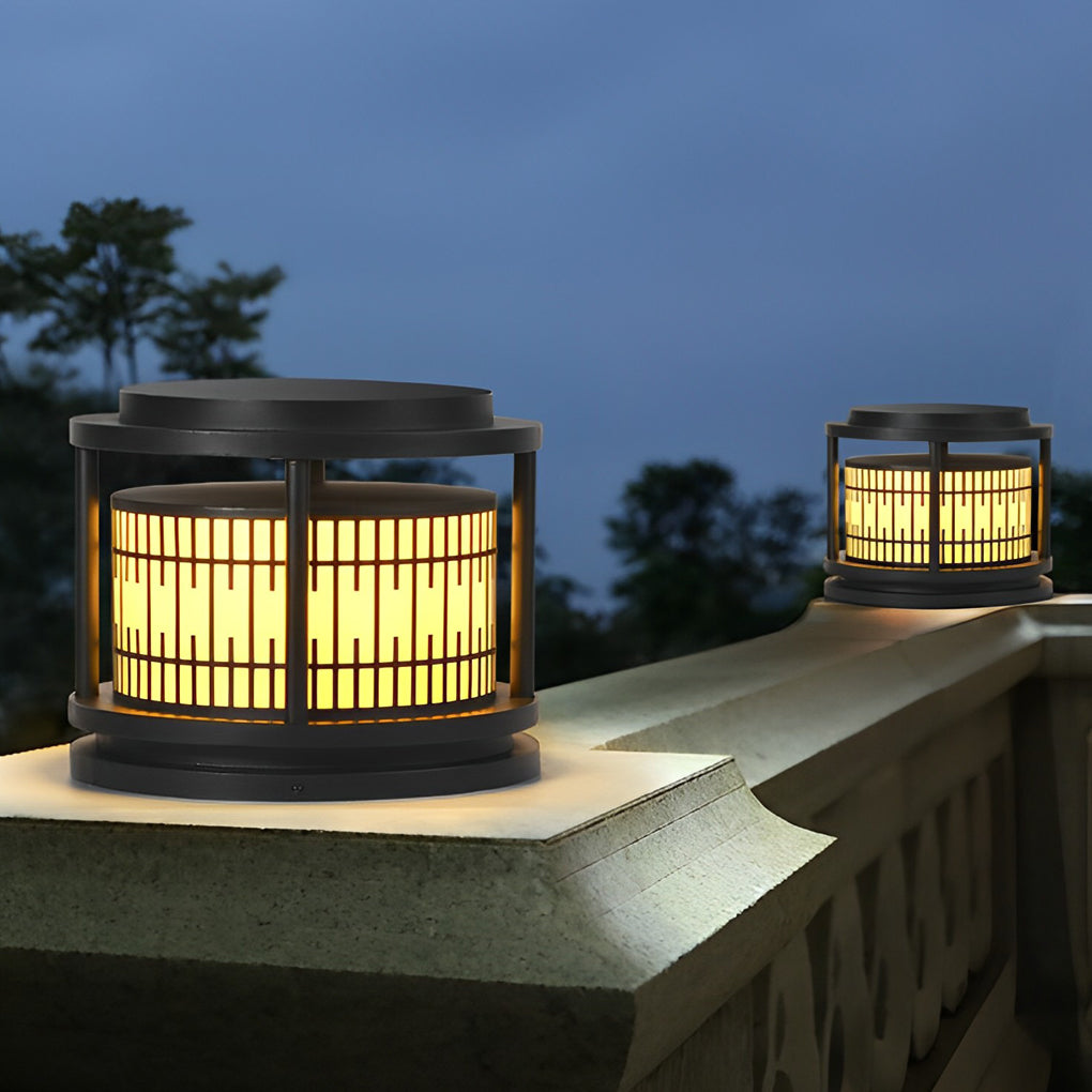 Round Retro Pattern Waterproof LED Black Modern Solar Fence Post Lights - Lamp Outdoor
