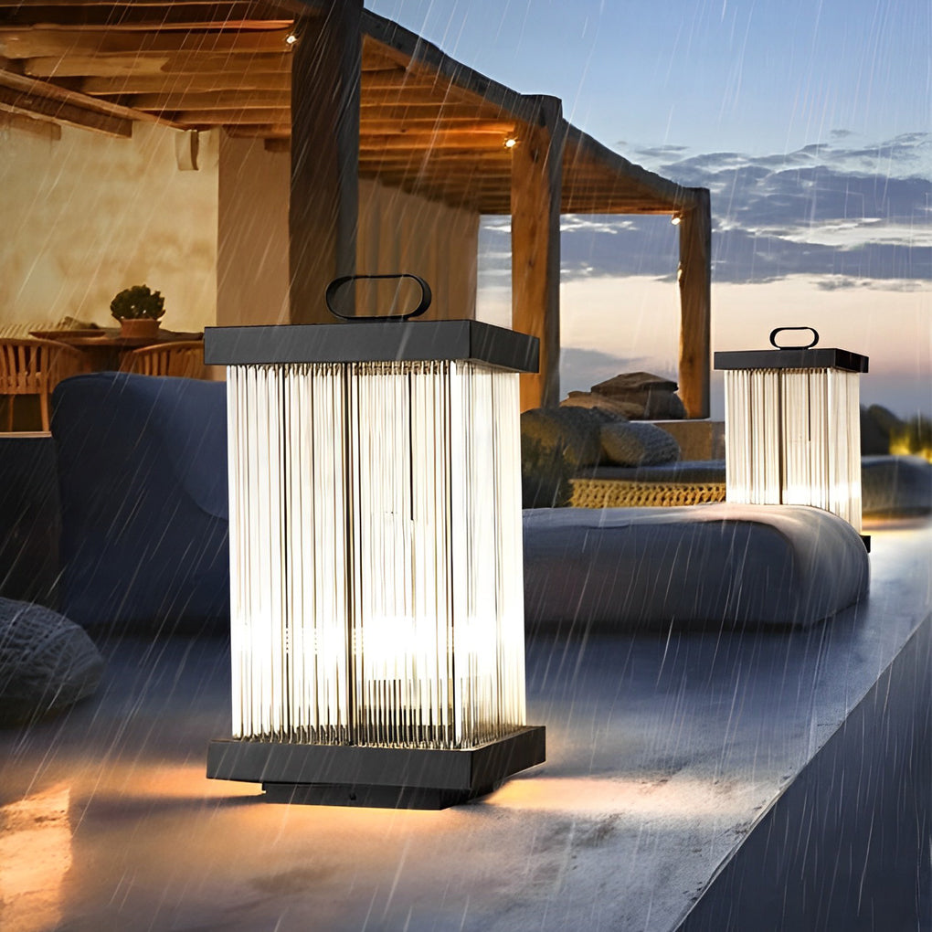 Portable Solar Lantern in Square Rippled Glass Design with Waterproof Black Finish - Lamp Outdoor