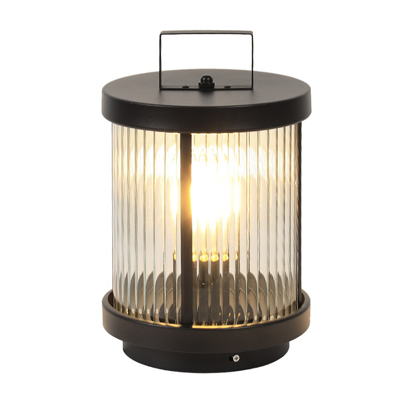 Striped Glass Cylindrical Waterproof Portable Solar Outdoor Lanterns - Lamp Outdoor
