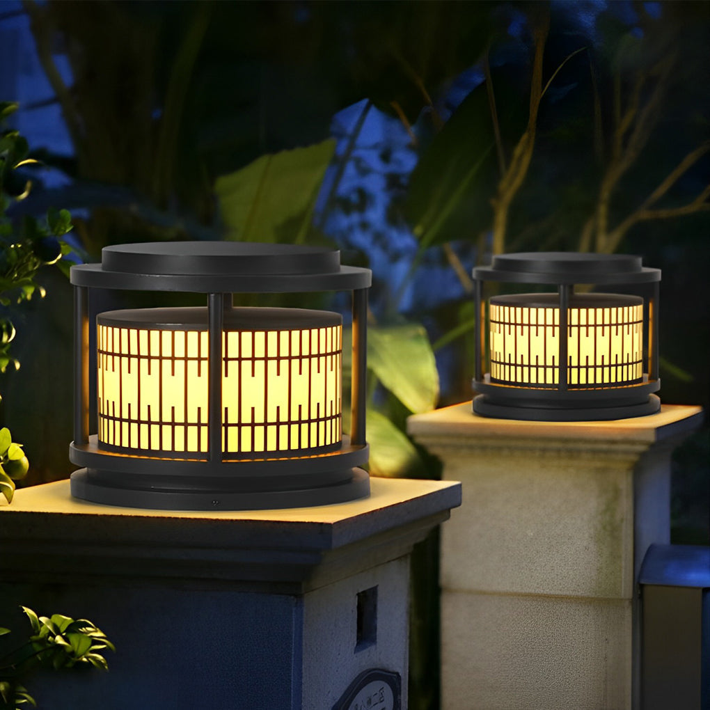 Round Retro Pattern Waterproof LED Black Modern Solar Fence Post Lights - Lamp Outdoor