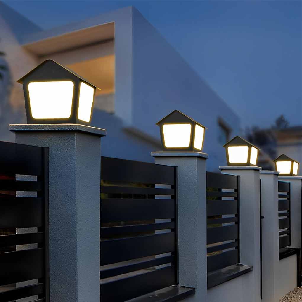Cottage Shaped LED Waterproof Black Modern Solar Fence Post Lights Pillar Light - Lamp Outdoor