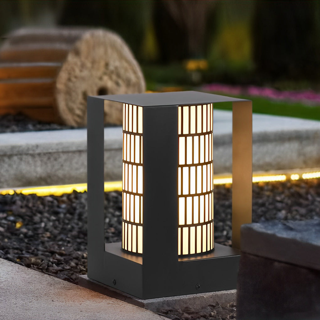 Four-Panel Cylinder Lantern LED Black Waterproof Outdoor Light with Lattice Pattern - Lamp Outdoor