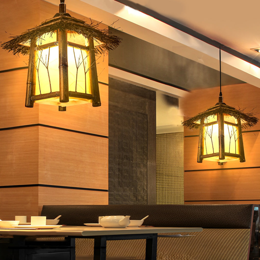 Branch Pattern Bamboo Style Lantern Versatile Outdoor Hanging and Post Light - Lamp Outdoor
