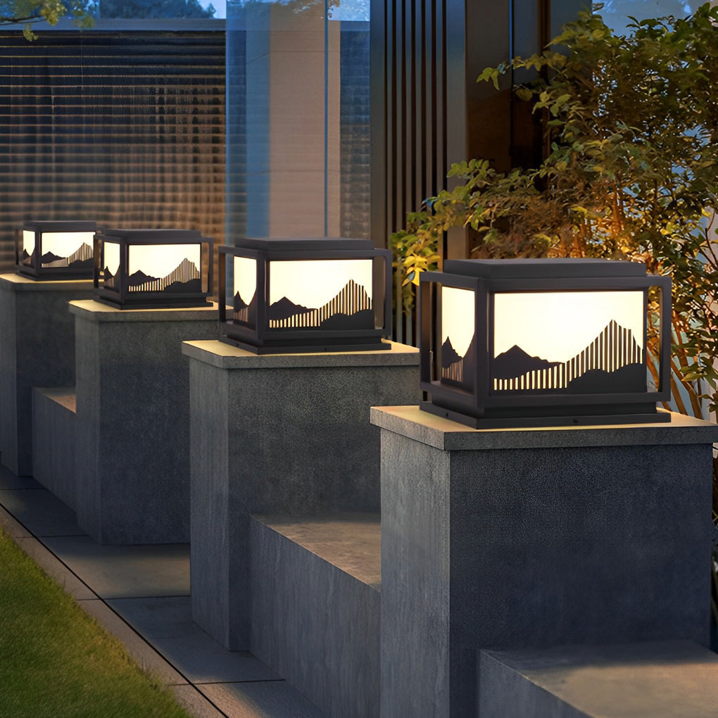 Square Waterproof Mountain Scenery Traditional Solar Post Caps Lights - Lamp Outdoor