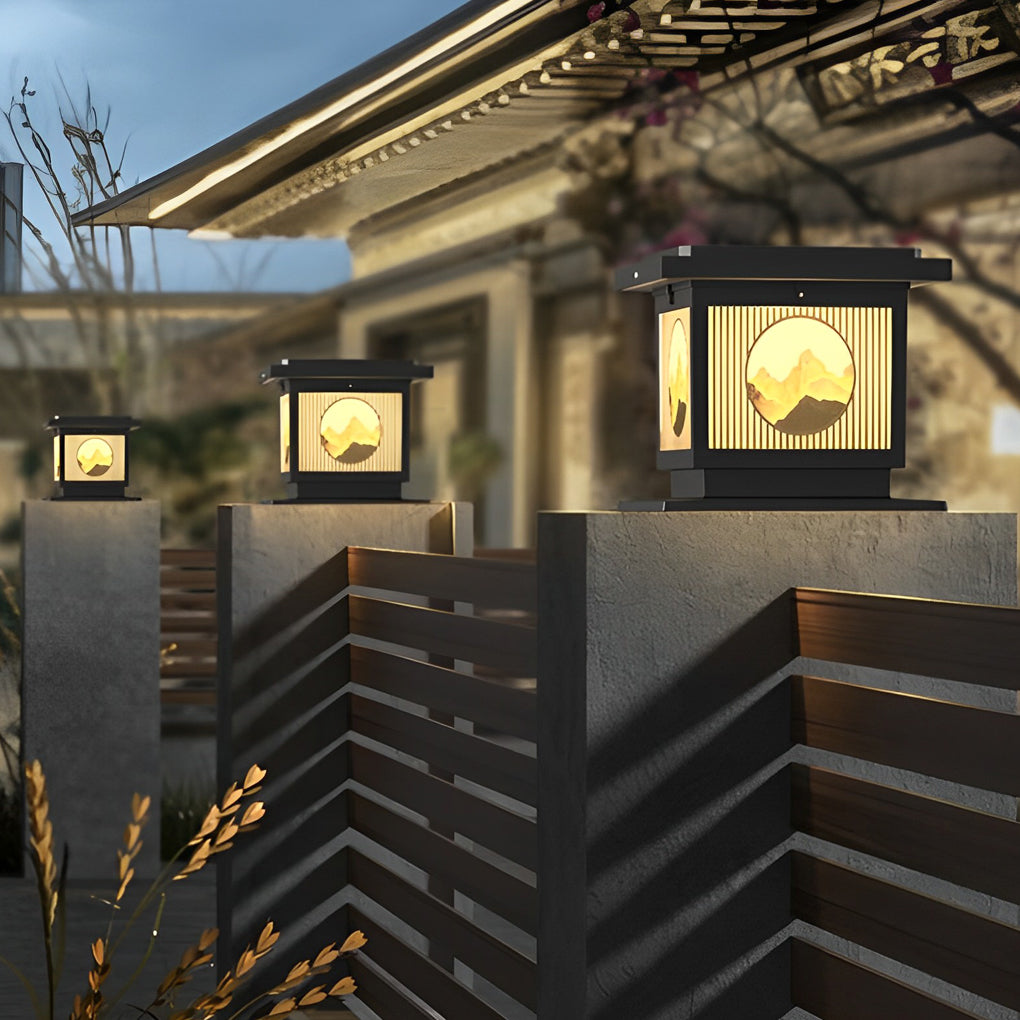Square Retro Mountain Scenery LED Waterproof Solar Post Caps Lights - Lamp Outdoor