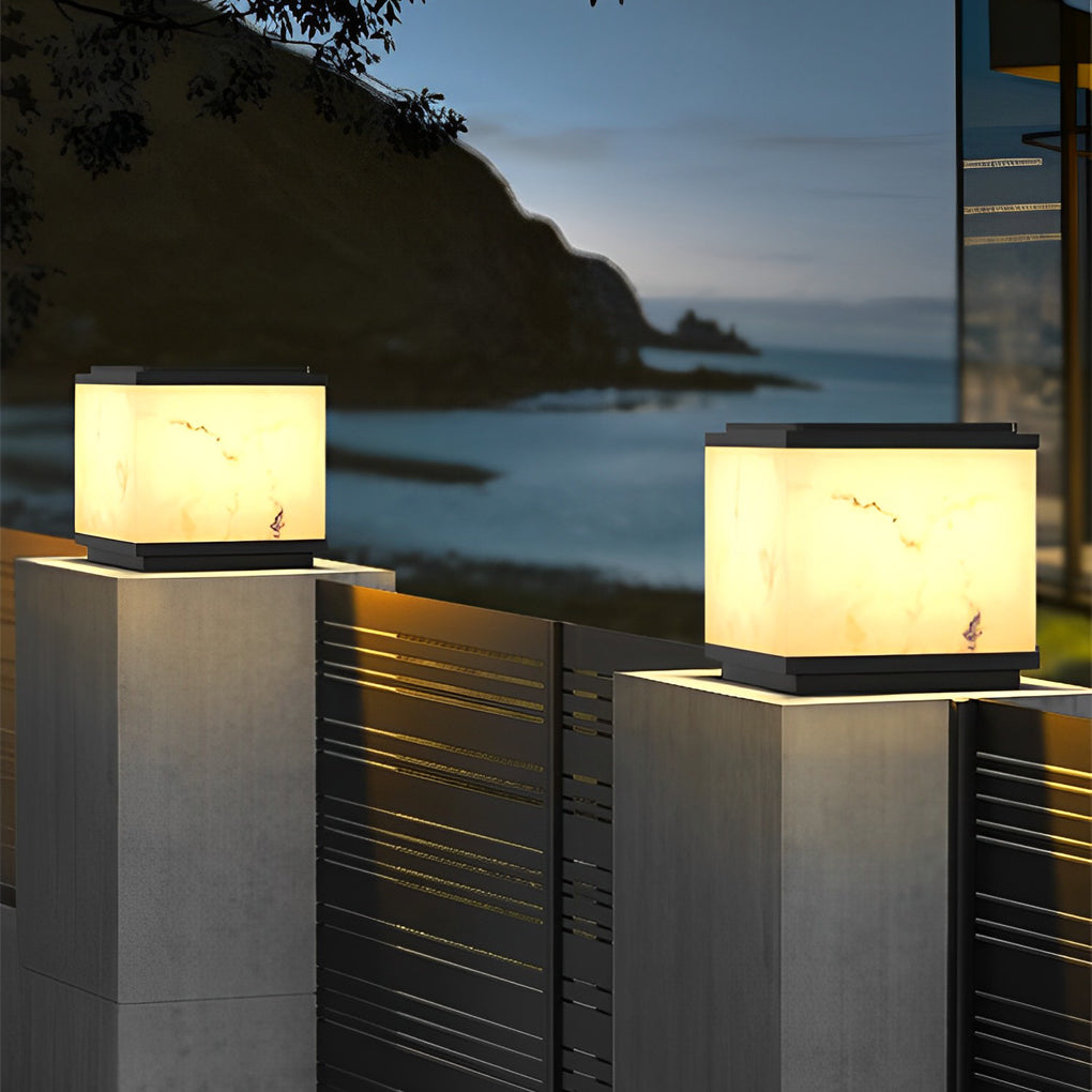 Square Marbled LED Waterproof Modern Solar Powered Fence Post Lights - Lamp Outdoor