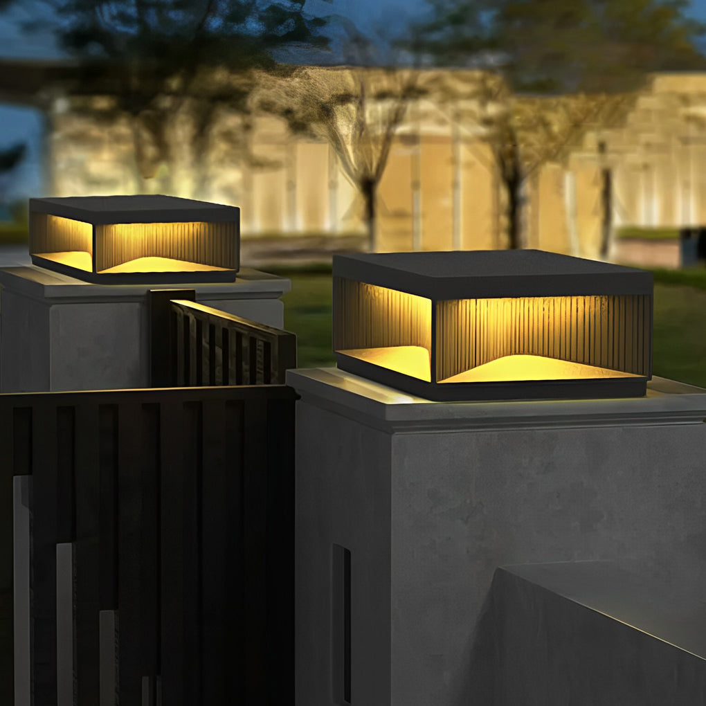 Square Metal Striped Decor LED Waterproof Black Solar Fence Post Light - Lamp Outdoor