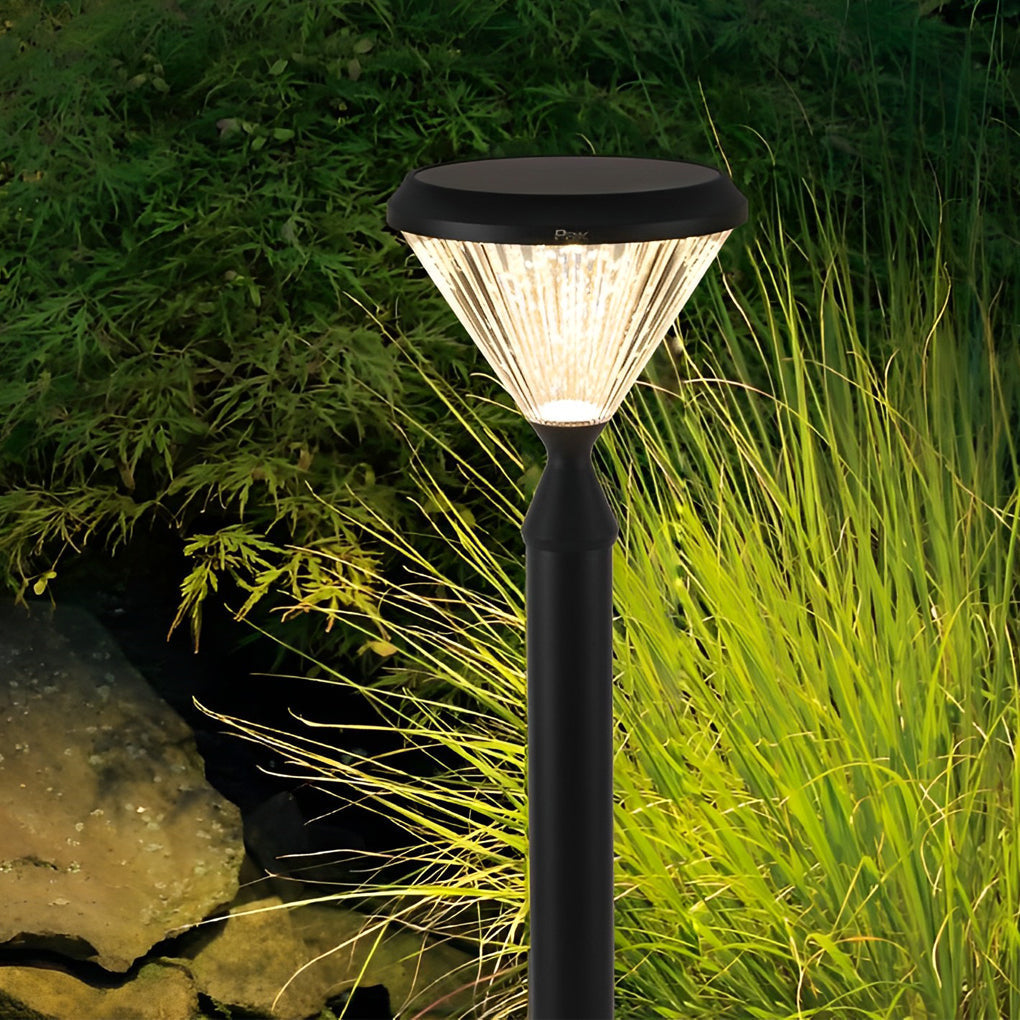 Round Solar LED Outdoor Lights in Black with Ribbed Lampshade - Lamp Outdoor