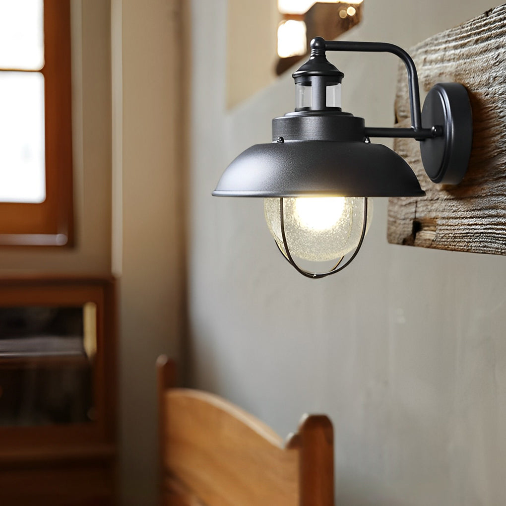 Nautical Black 1-Light Metal Cage Seeded Glass Outdoor Wall Light - Lamp Outdoor