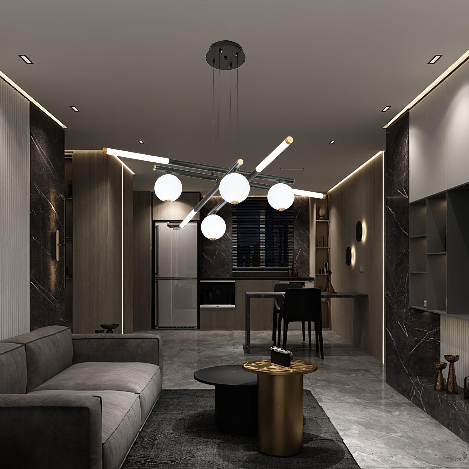 Chandelier Black White Rods and Globe Modern - Lamp Outdoor