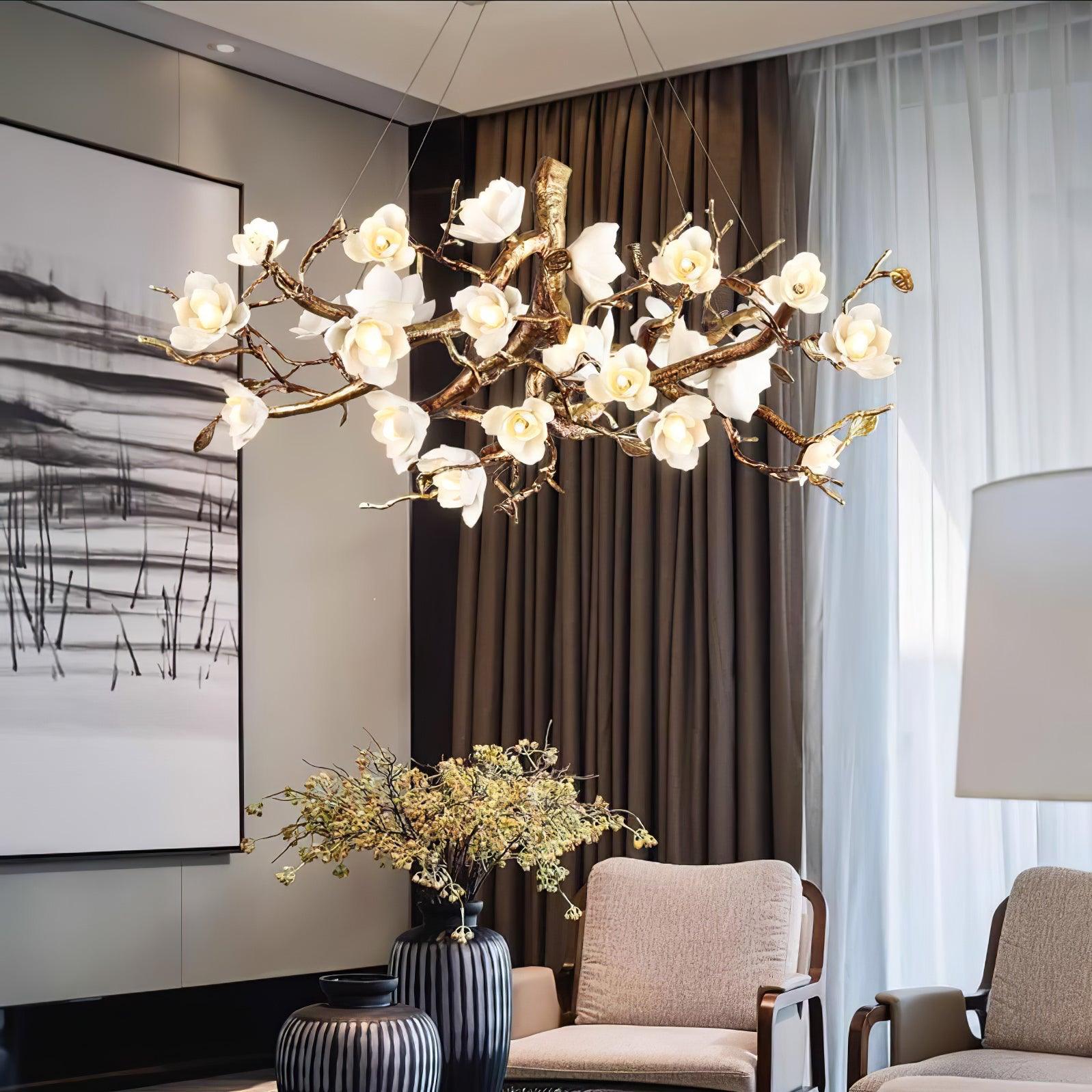 Avaros Postmodern Luxury Flower Bloom Branch Brass Ceramic Chandelier - Lamp Outdoor
