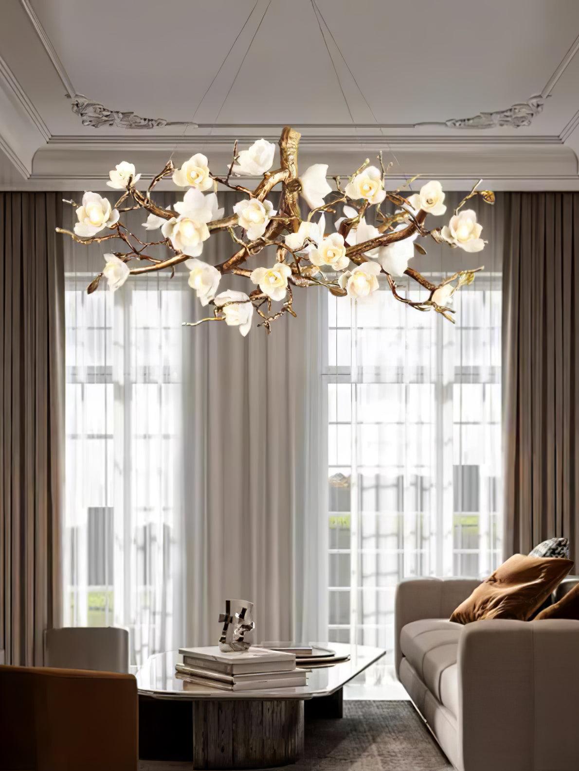 Avaros Postmodern Luxury Flower Bloom Branch Brass Ceramic Chandelier - Lamp Outdoor
