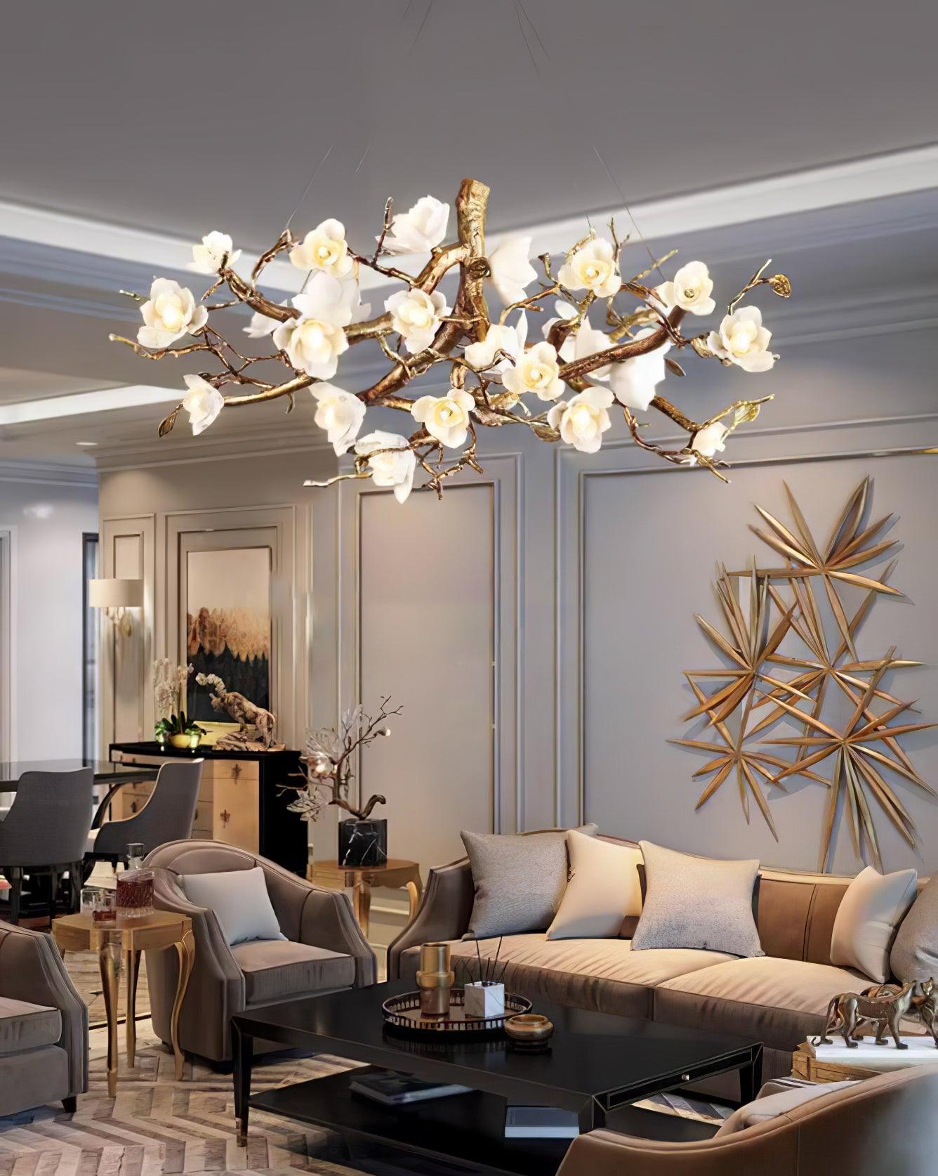 Avaros Postmodern Luxury Flower Bloom Branch Brass Ceramic Chandelier - Lamp Outdoor