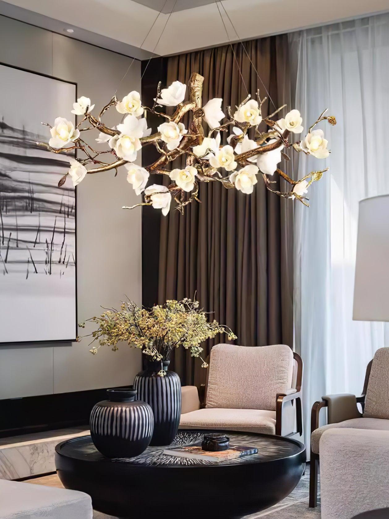 Avaros Postmodern Luxury Flower Bloom Branch Brass Ceramic Chandelier - Lamp Outdoor