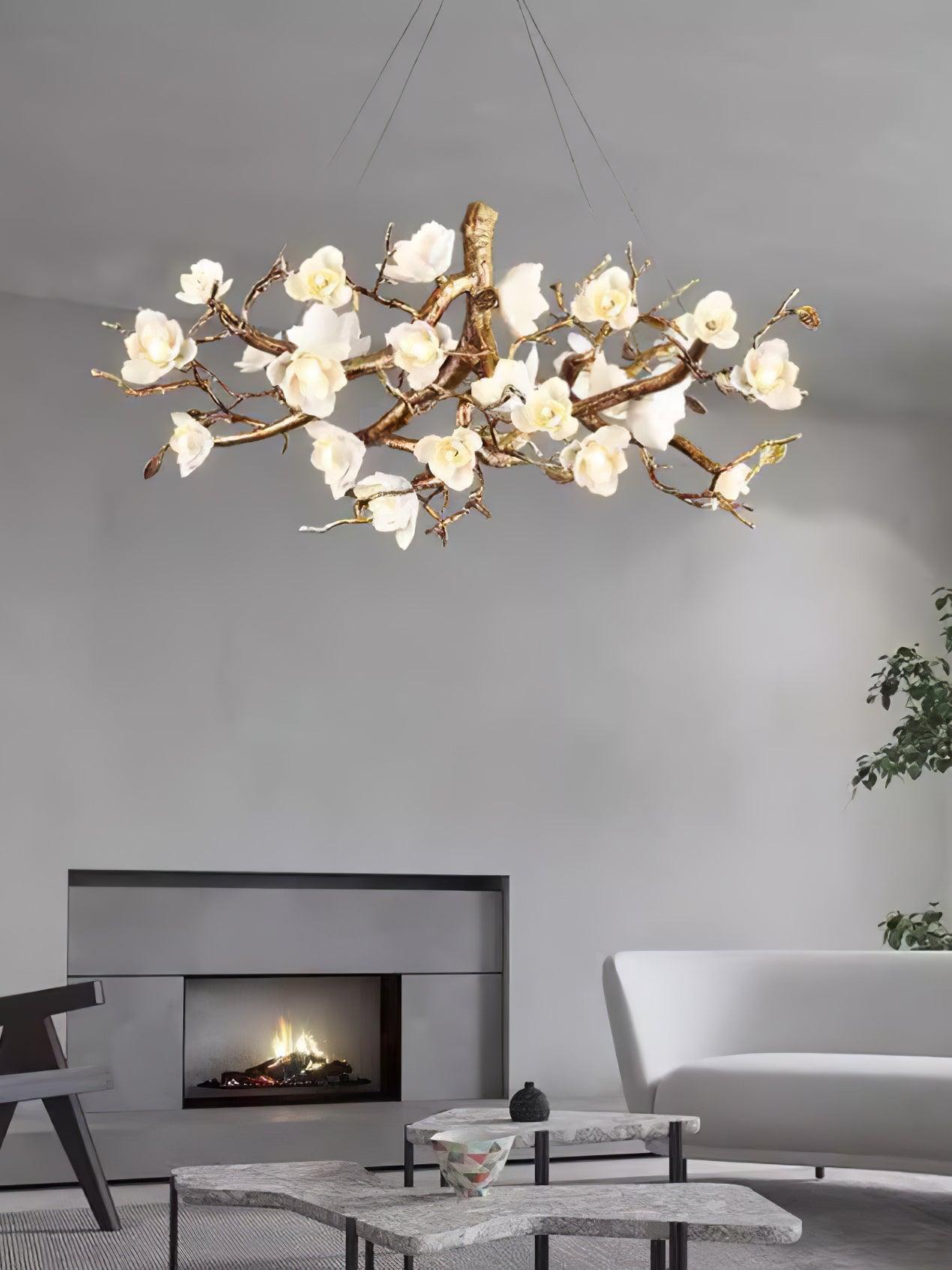 Avaros Postmodern Luxury Flower Bloom Branch Brass Ceramic Chandelier - Lamp Outdoor