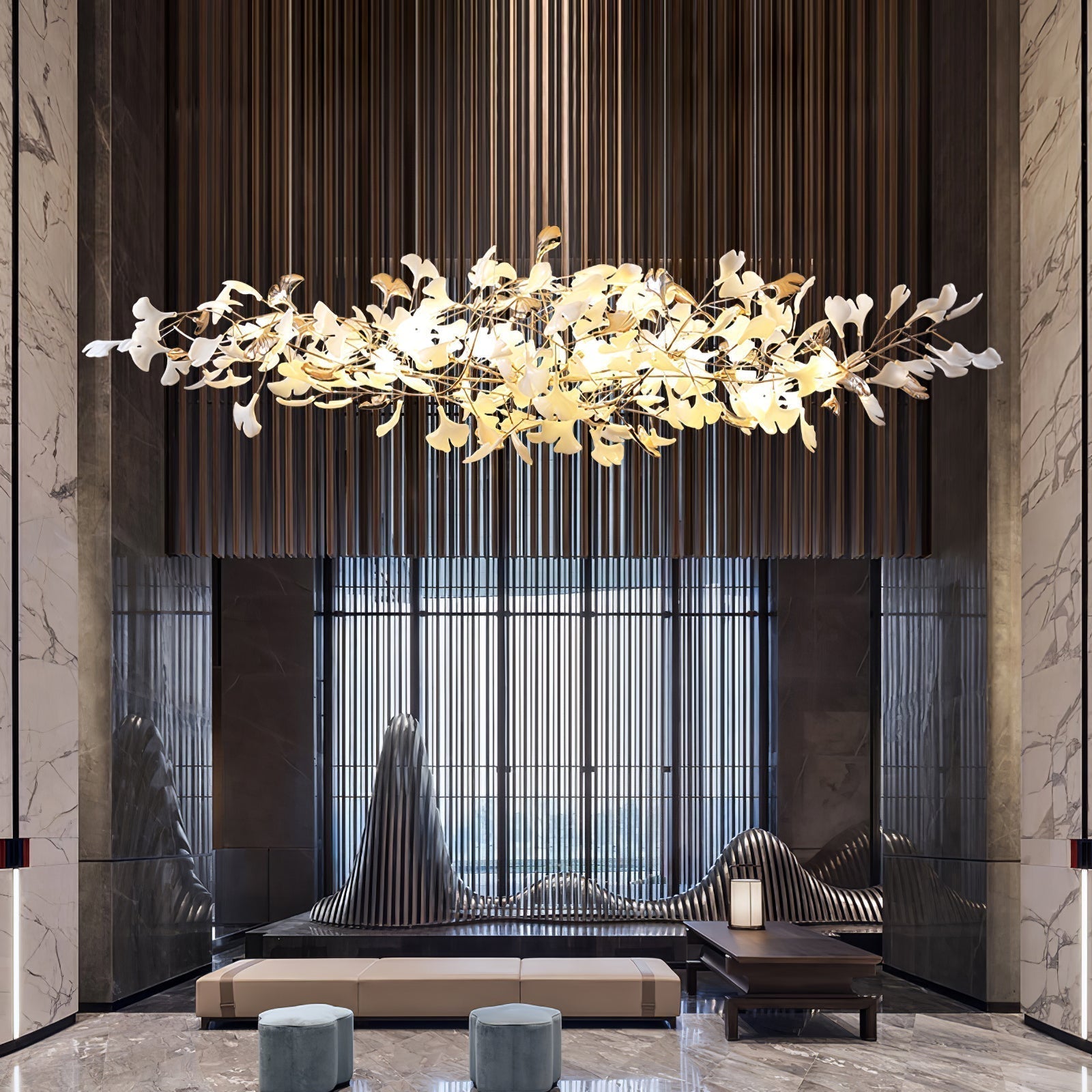 Unoryra Postmodern Luxury Ginkgo Cloud Ceramics Metal Chandelier - Lamp Outdoor