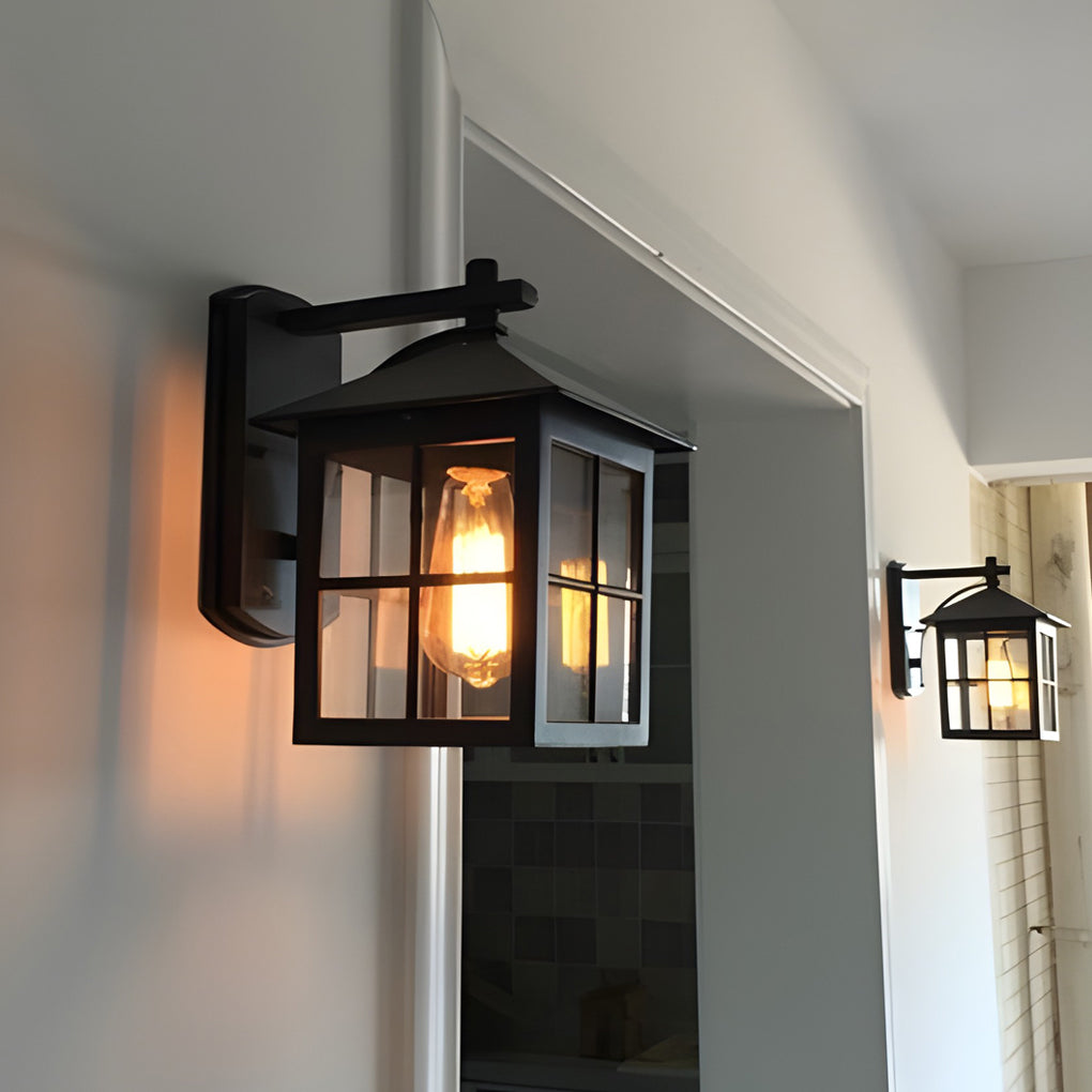 Antique Lantern Shaped Glass Waterproof Black Modern Wall Sconce Lighting - Lamp Outdoor