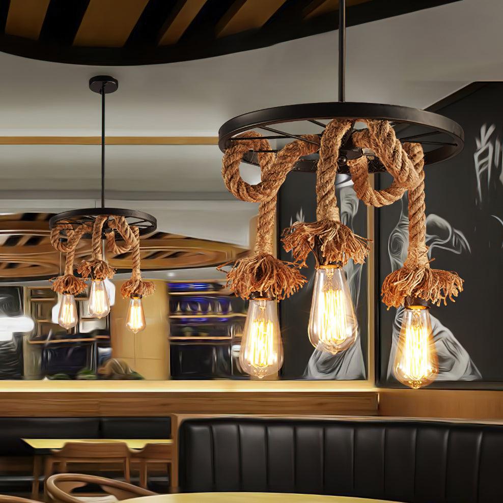 Hemp Rope Industrial Six Head Chandelier - Lamp Outdoor
