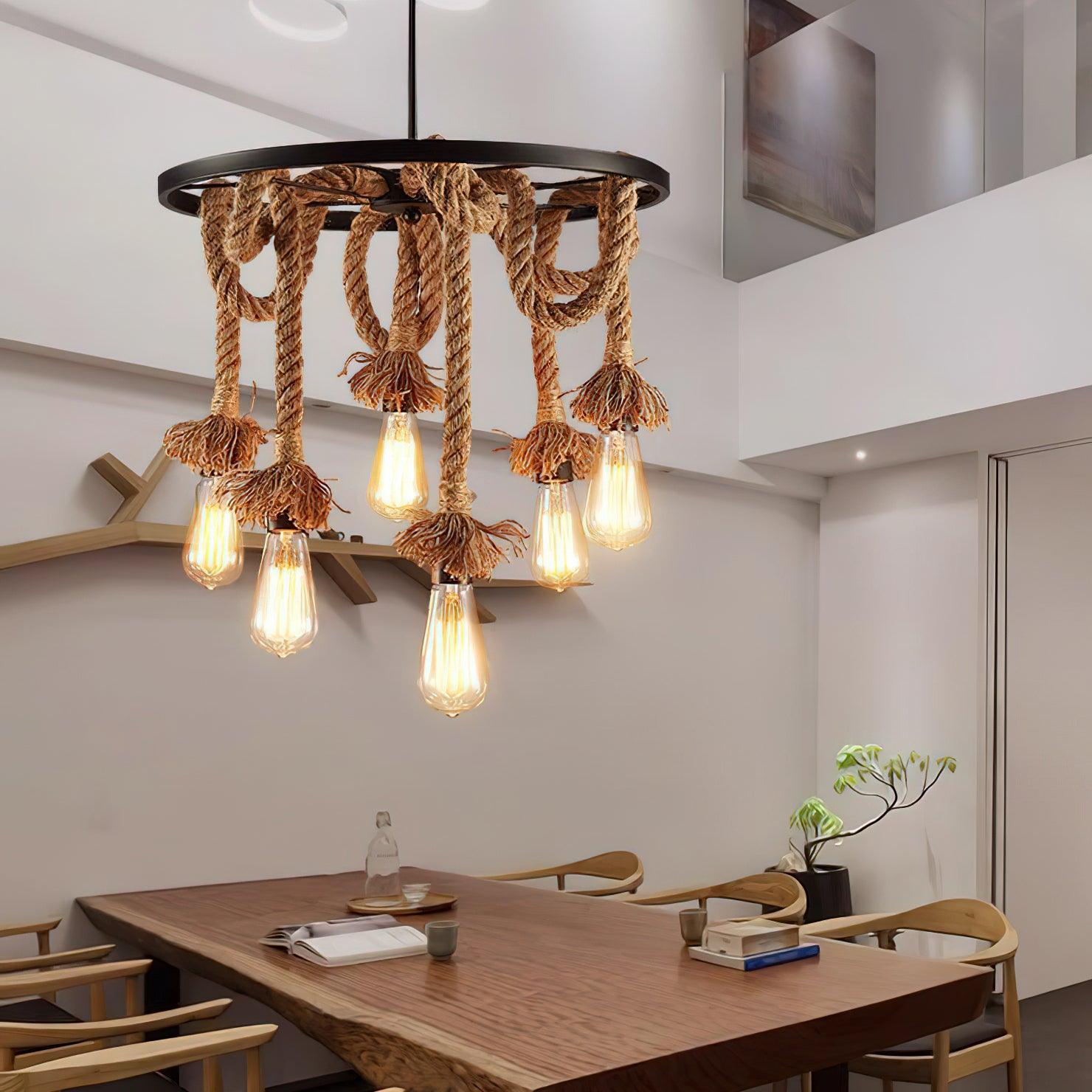 Hemp Rope Industrial Six Head Chandelier - Lamp Outdoor