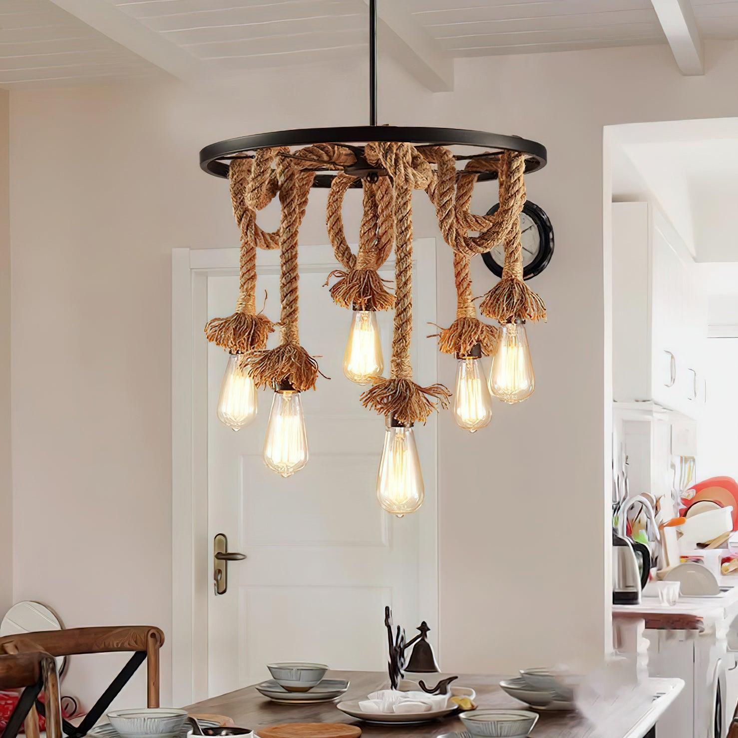 Hemp Rope Industrial Six Head Chandelier - Lamp Outdoor