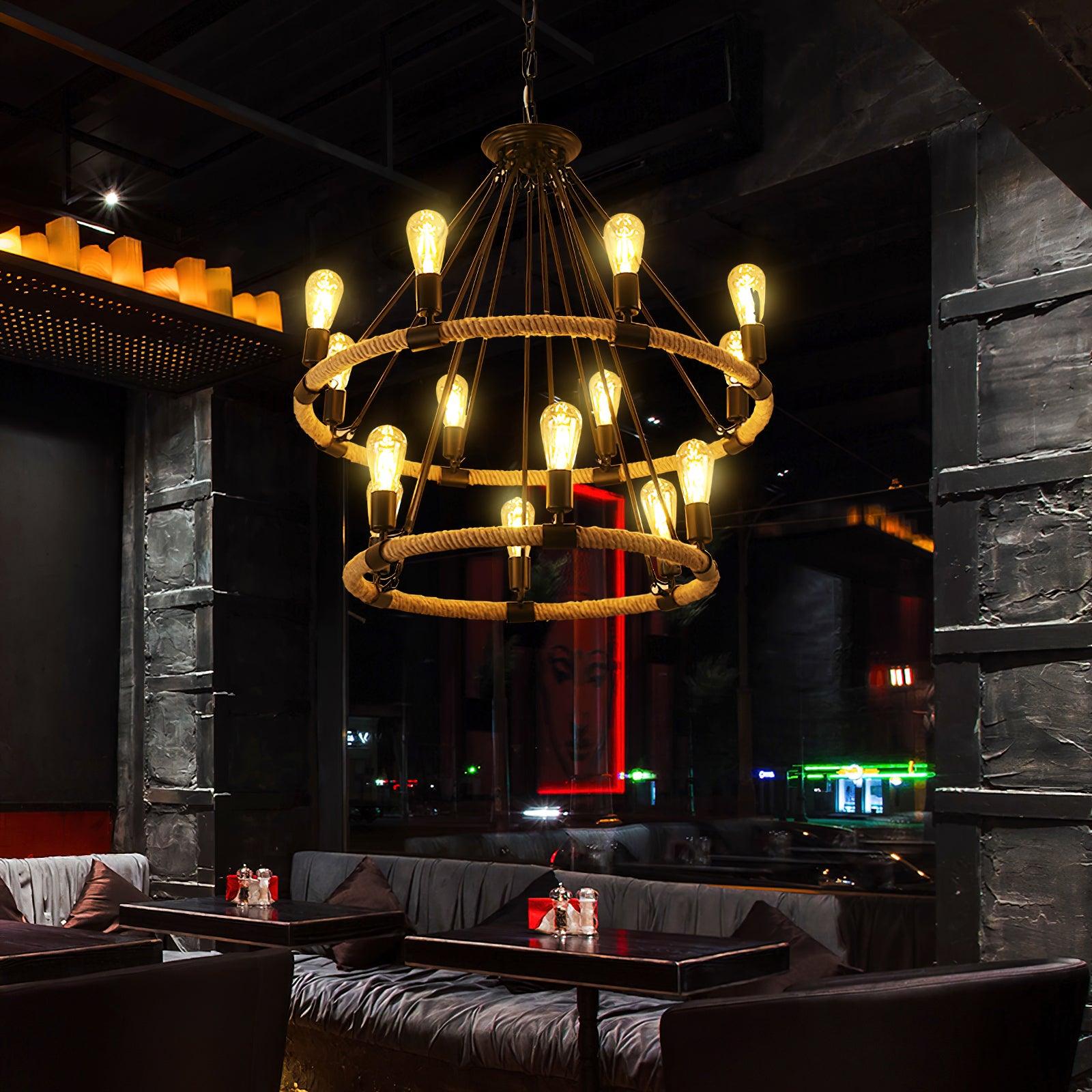 Hemp Rope Industrial Large Circle Chandelier - Lamp Outdoor