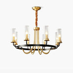 Chandelier Black Round Frame Brass Arms Ribbed Glass - Lamp Outdoor