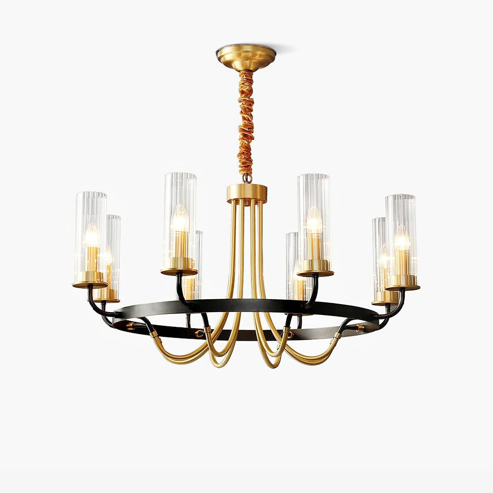 Chandelier Black Round Frame Brass Arms Ribbed Glass - Lamp Outdoor