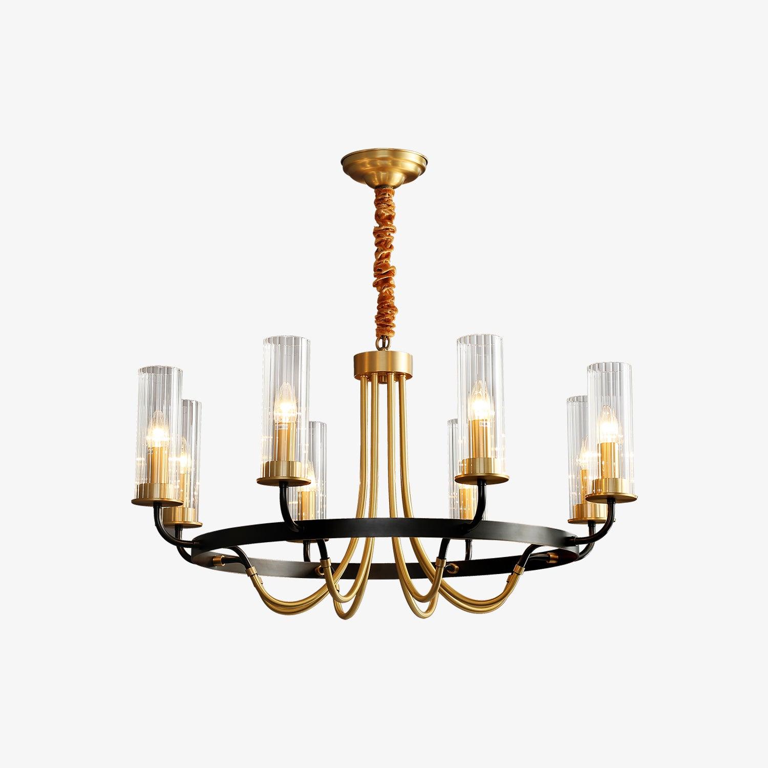 Chandelier Black Round Frame Brass Arms Ribbed Glass - Lamp Outdoor