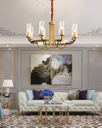 Chandelier Black Round Frame Brass Arms Ribbed Glass - Lamp Outdoor