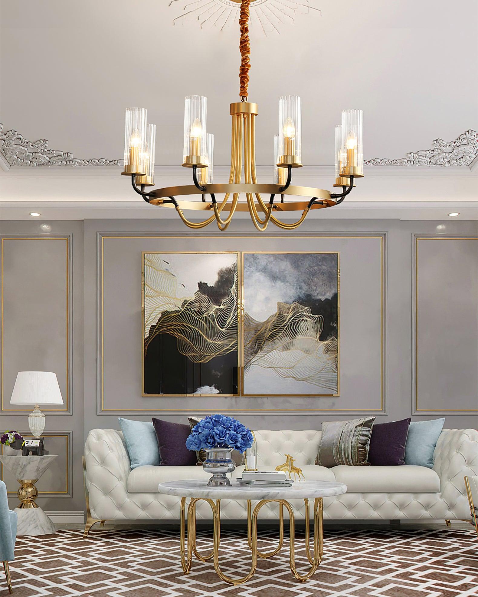 Chandelier Black Round Frame Brass Arms Ribbed Glass - Lamp Outdoor