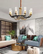 Chandelier Black Round Frame Brass Arms Ribbed Glass - Lamp Outdoor
