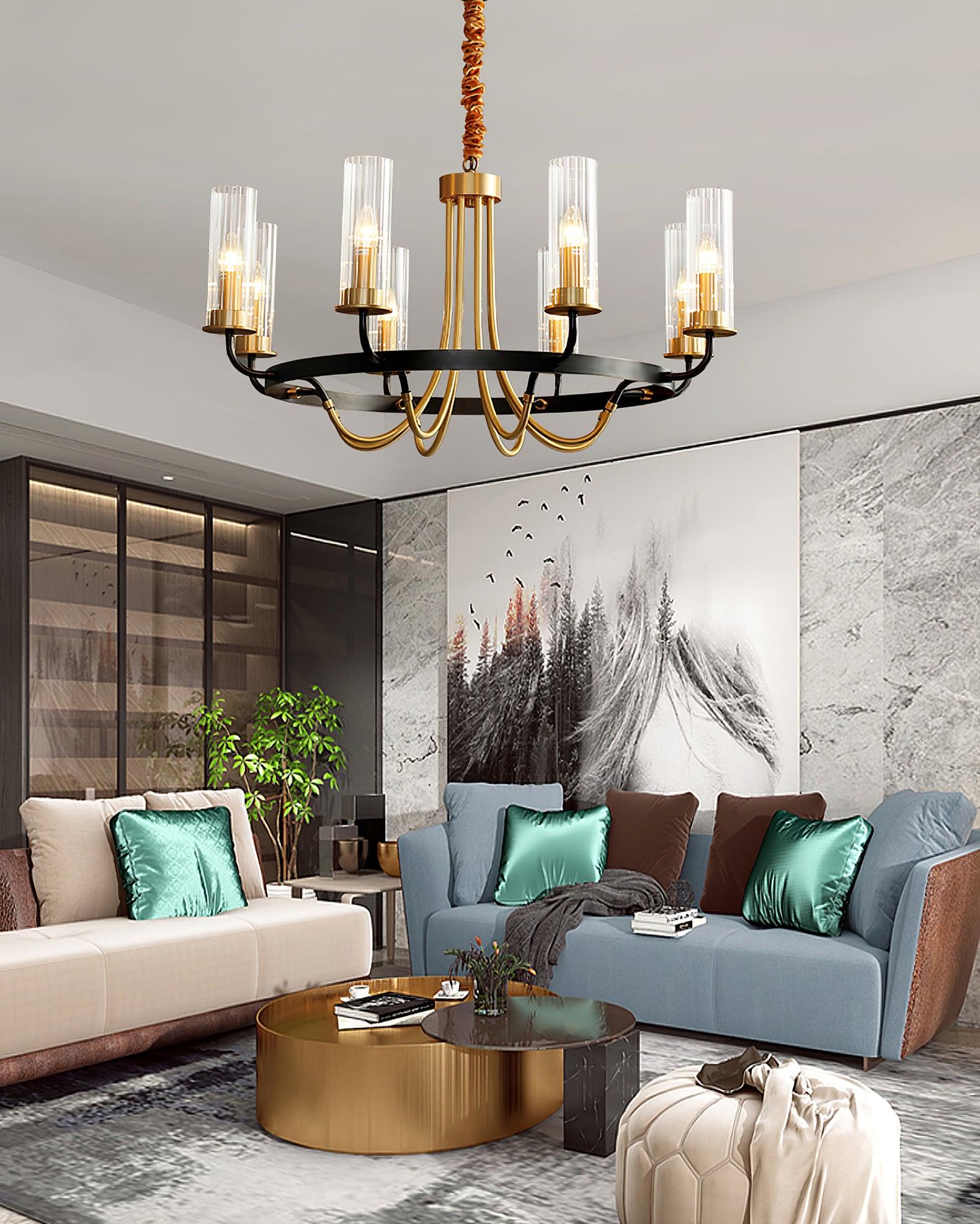 Chandelier Black Round Frame Brass Arms Ribbed Glass - Lamp Outdoor