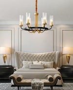 Chandelier Black Round Frame Brass Arms Ribbed Glass - Lamp Outdoor