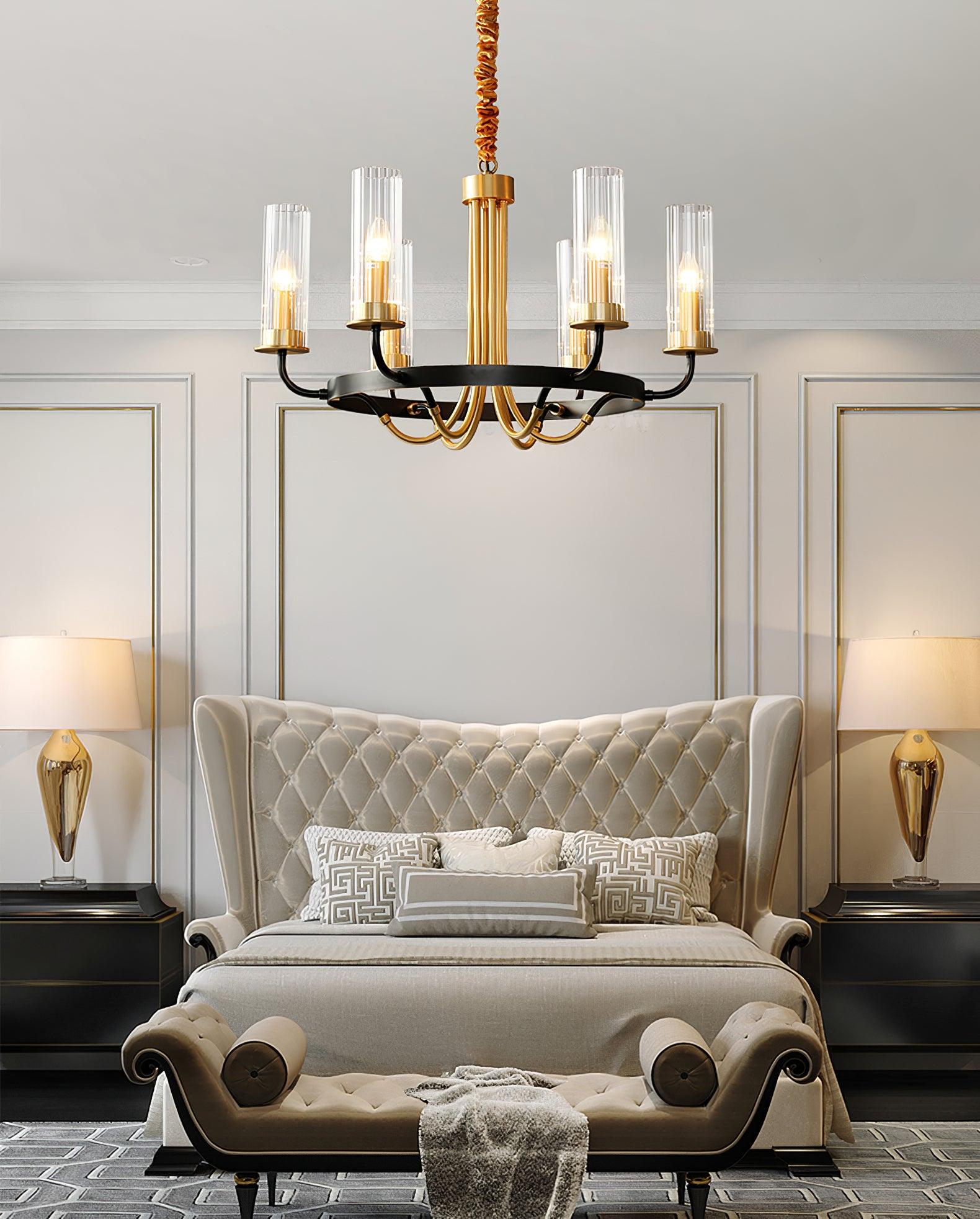 Chandelier Black Round Frame Brass Arms Ribbed Glass - Lamp Outdoor