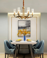 Chandelier Black Round Frame Brass Arms Ribbed Glass - Lamp Outdoor