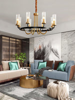Chandelier Black Round Frame Brass Arms Ribbed Glass - Lamp Outdoor