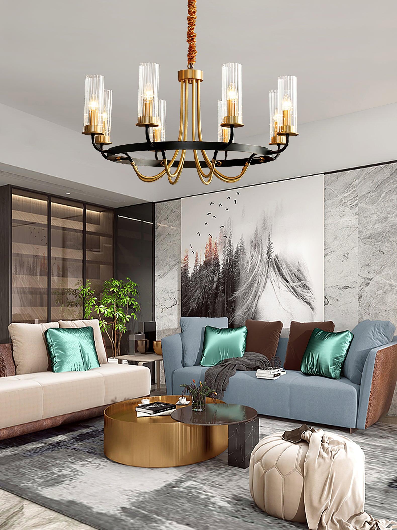 Chandelier Black Round Frame Brass Arms Ribbed Glass - Lamp Outdoor