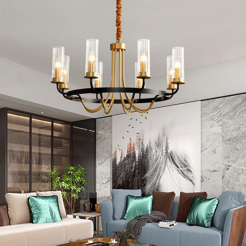 Chandelier Black Round Frame Brass Arms Ribbed Glass - Lamp Outdoor