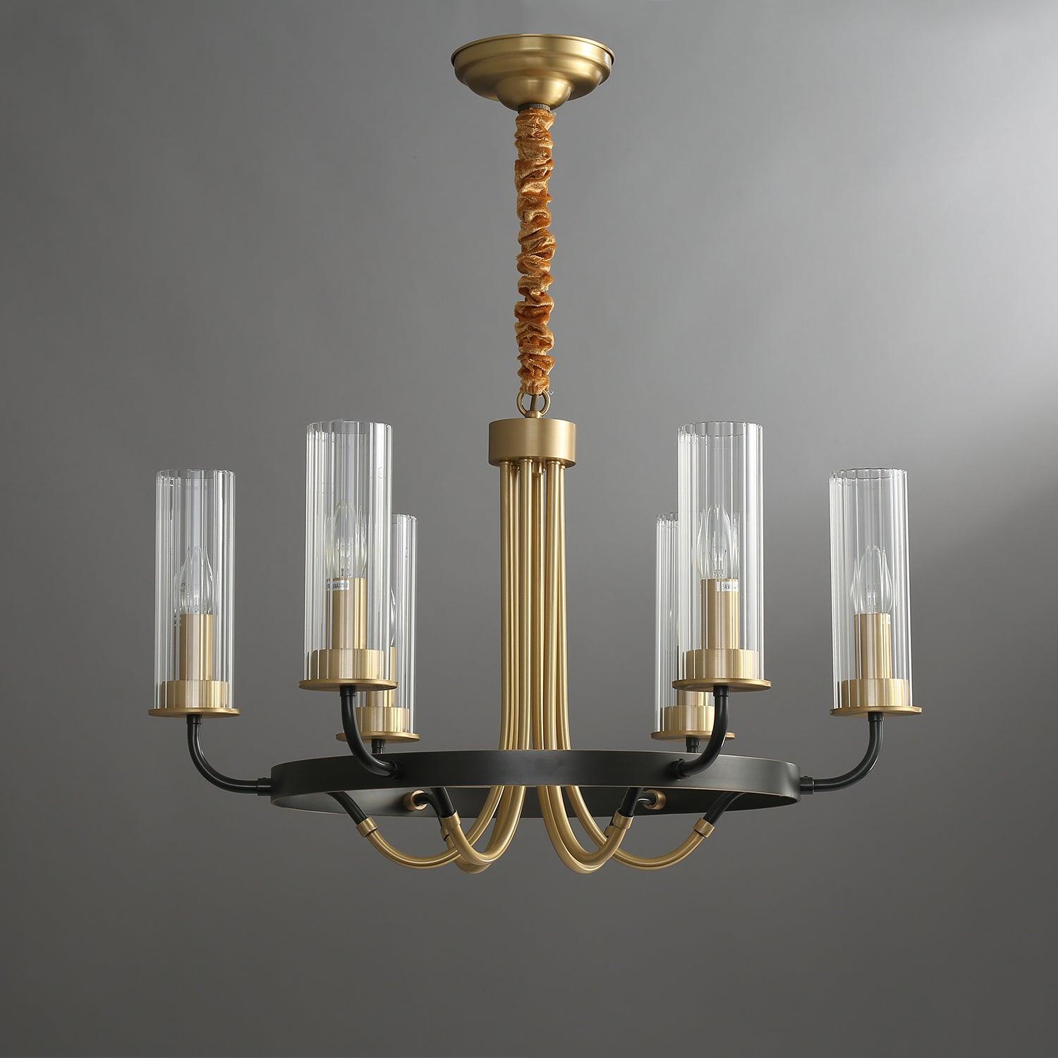 Chandelier Black Round Frame Brass Arms Ribbed Glass - Lamp Outdoor