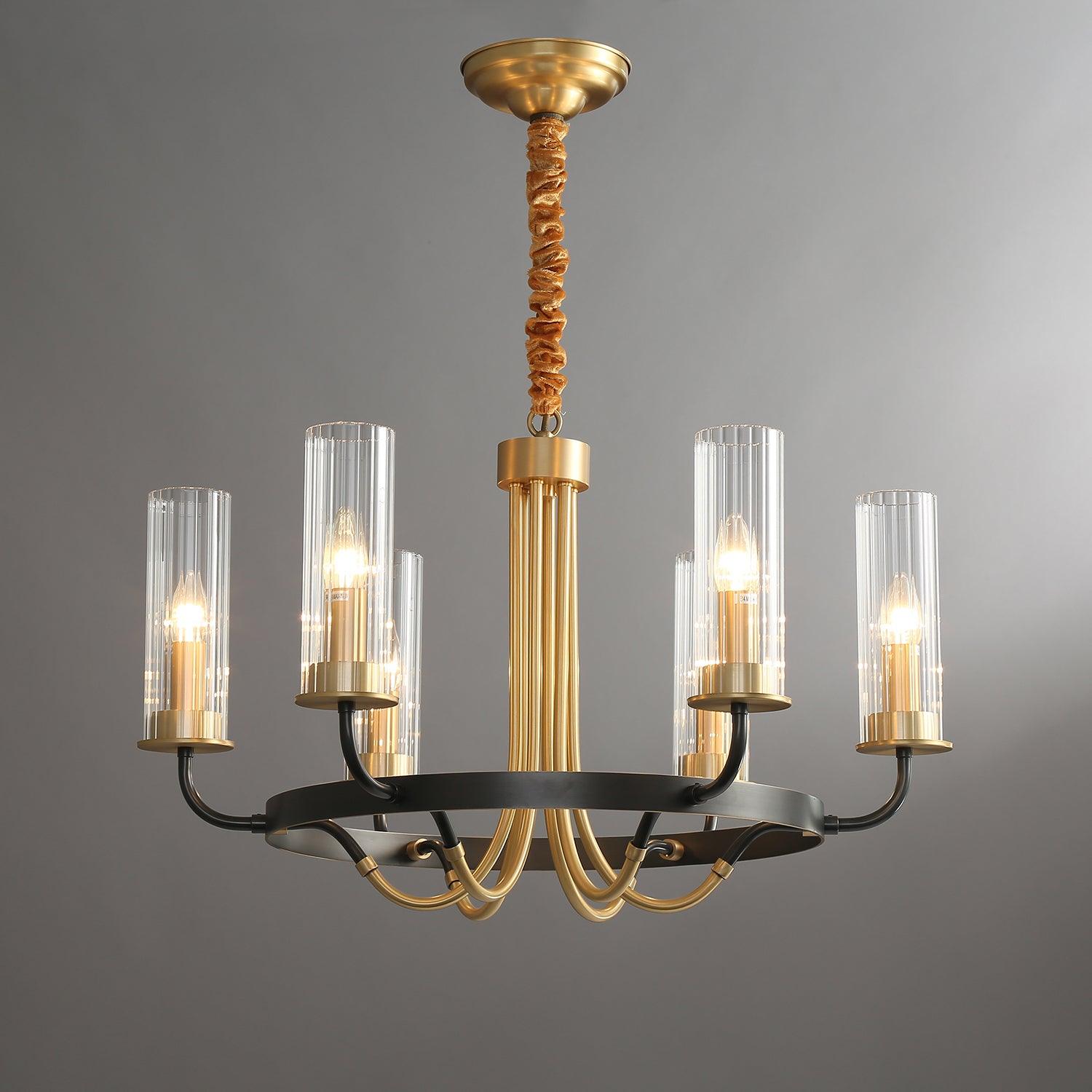 Chandelier Black Round Frame Brass Arms Ribbed Glass - Lamp Outdoor