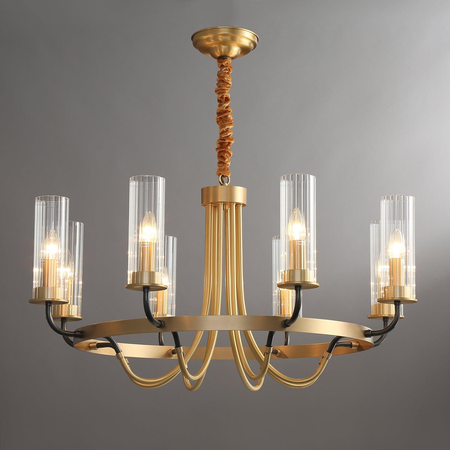 Chandelier Black Round Frame Brass Arms Ribbed Glass - Lamp Outdoor