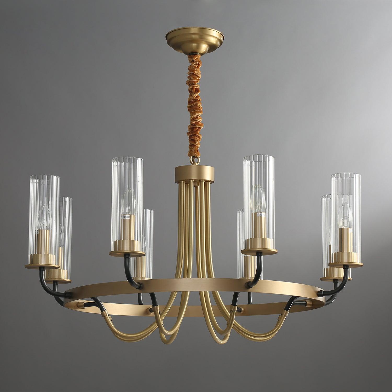 Chandelier Black Round Frame Brass Arms Ribbed Glass - Lamp Outdoor
