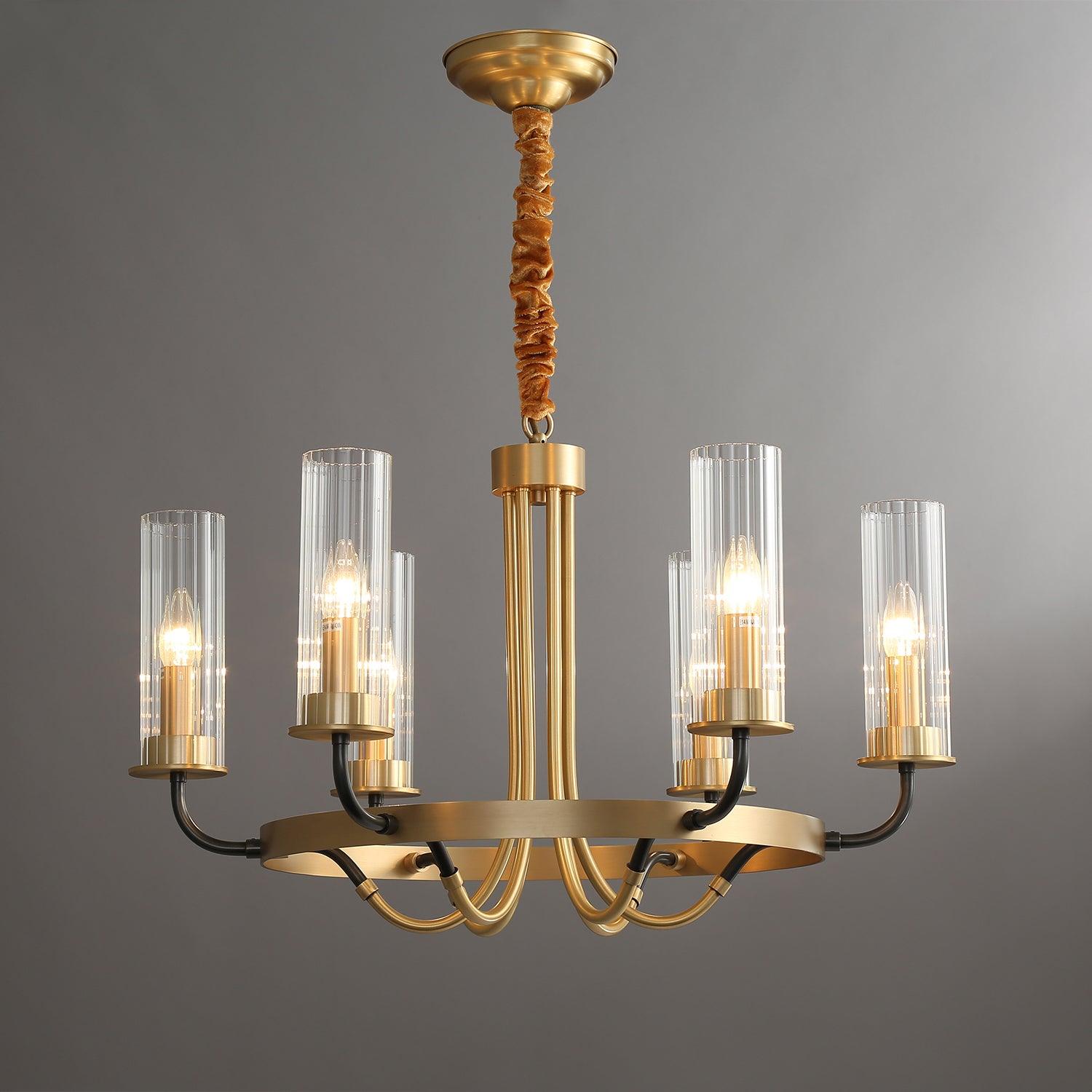 Chandelier Black Round Frame Brass Arms Ribbed Glass - Lamp Outdoor