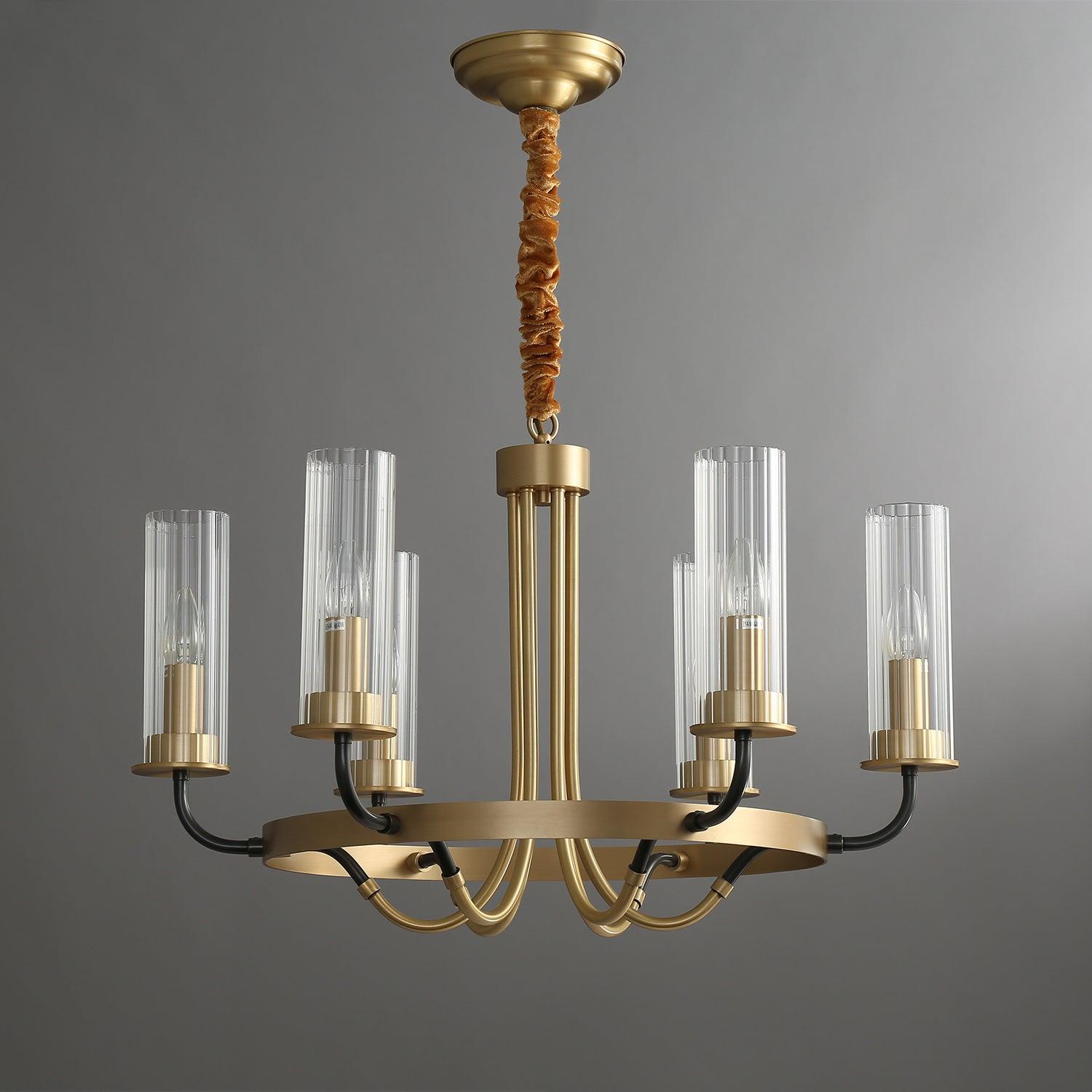 Chandelier Black Round Frame Brass Arms Ribbed Glass - Lamp Outdoor