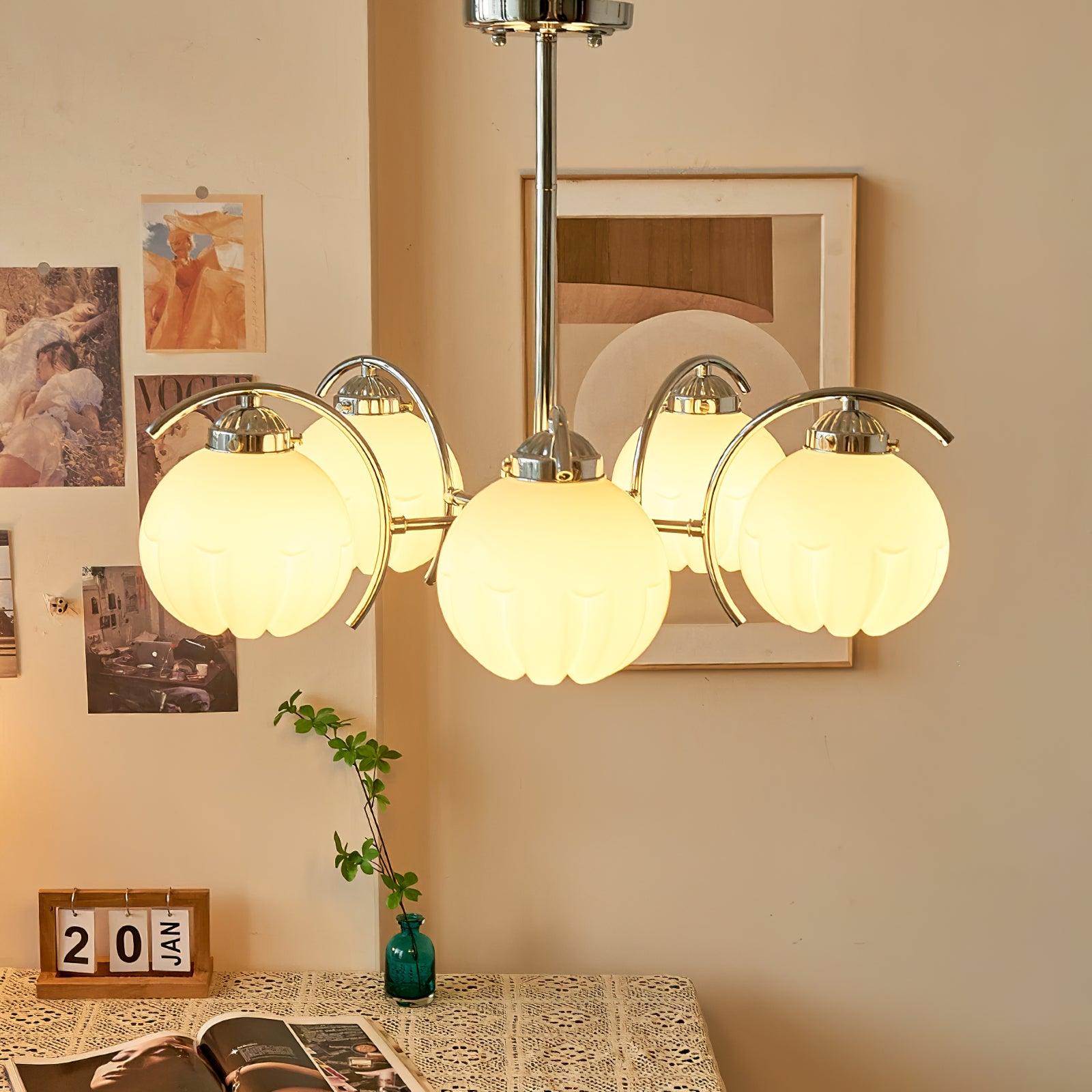 Chandelier Chrome Curved Arms with Frosted Globe Shades - Lamp Outdoor