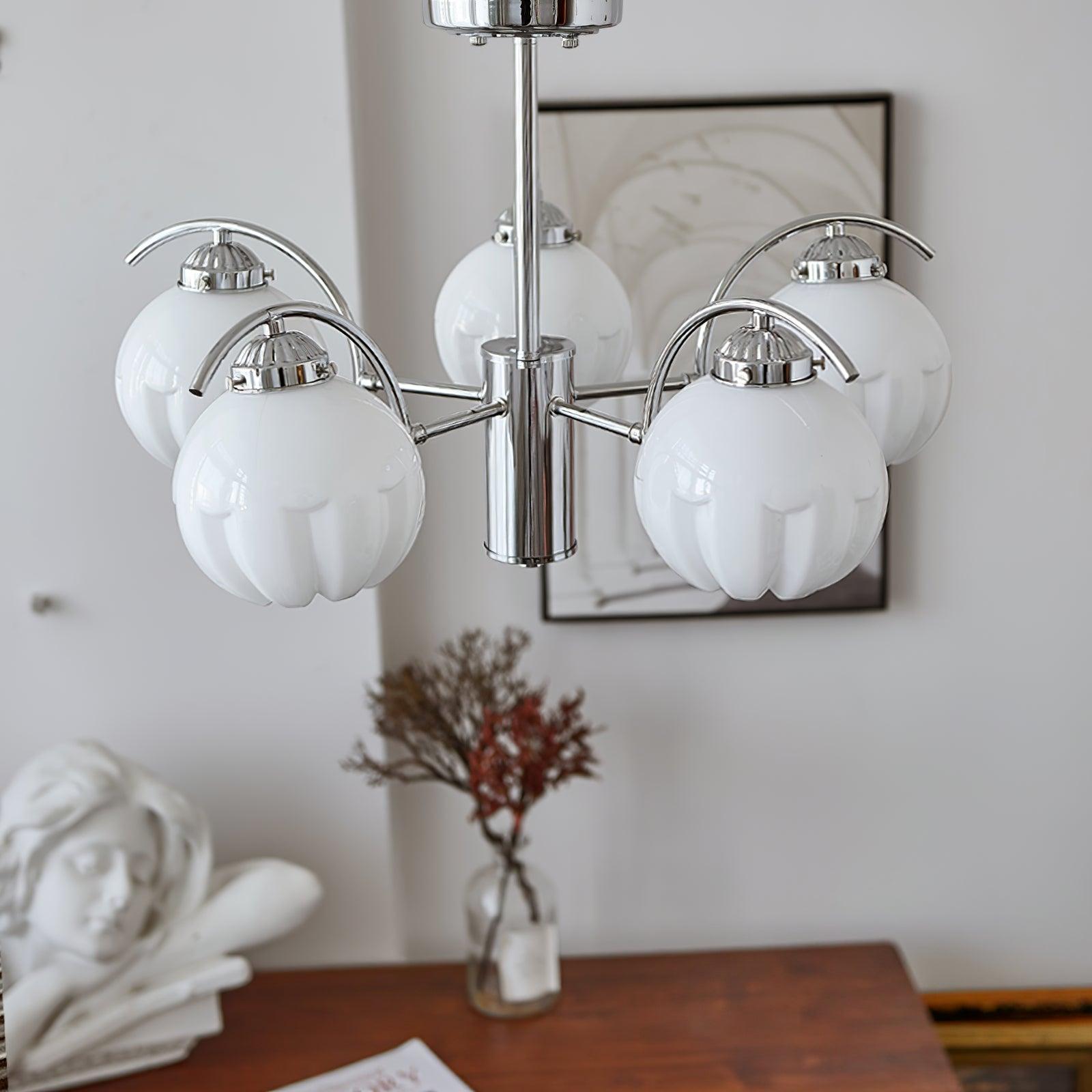 Chandelier Chrome Curved Arms with Frosted Globe Shades - Lamp Outdoor